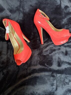 Shoe Dazzle Red Peep-Toe Platform Ankle-Strap Heels